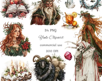 Yule watercolor clipart png bundle, celtic neopagan wican clipart, witchcraft, witch clipart, yule witch, commercial use, scrapbooking