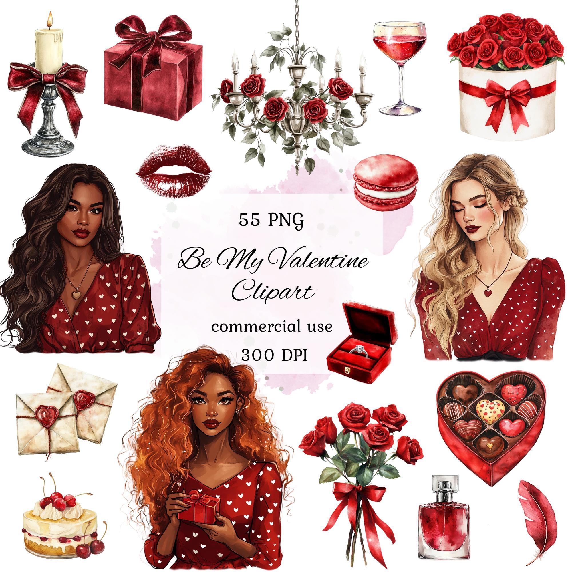 Watercolor Valentines Day Clipart Png Bundle, Love Clipart, Valentine ...