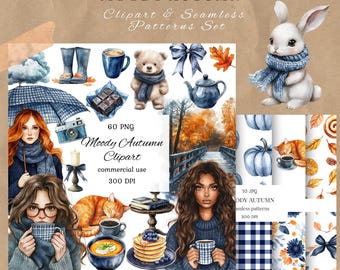 Ensemble aquarelle d'automne maussade, lot de cliparts png pour les jours de pluie, citrouille, fille d'automne, cottagecore, agenda d'automne automne confortable, papier de scrapbooking
