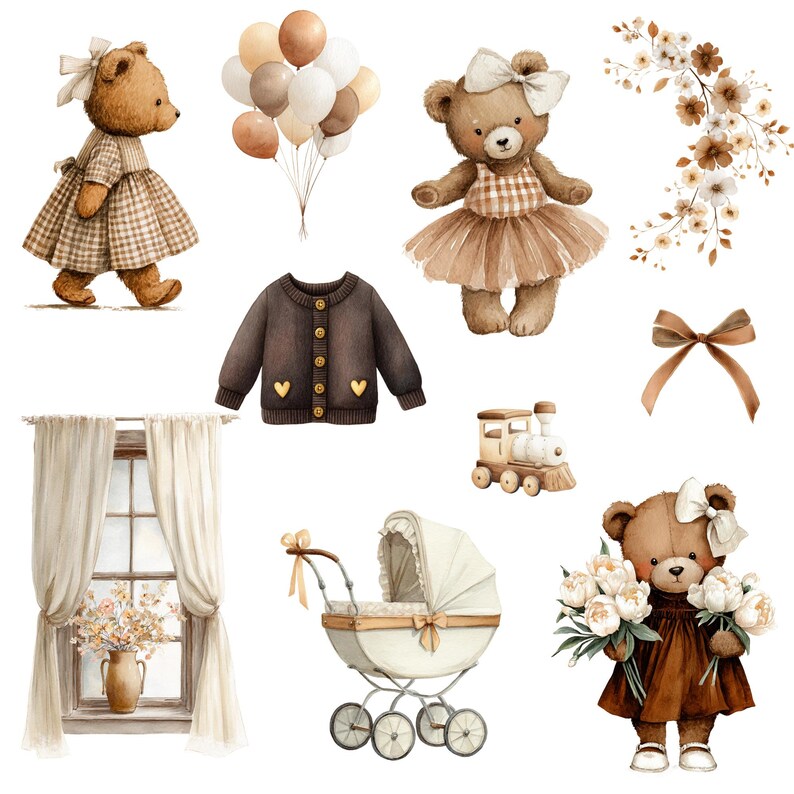 Watercolor Teddy Bear Clipart Png Bundle, Neutral Baby Shower, Bear Hot ...