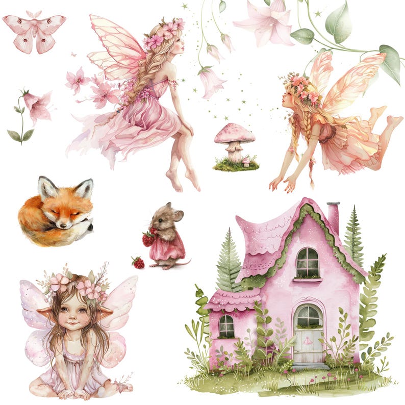 Watercolor Pink Fairy Garden Clipart Png Bundle, Forest Fairy House ...
