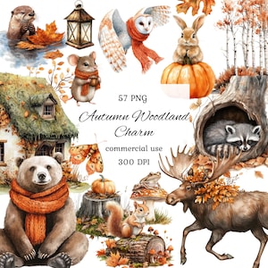 May include: Watercolor illustration featuring woodland animals and autumn elements. Includes an owl, rabbit, bear, moose, and squirrel, all adorned with fall colors. The text reads "Autumn Woodland Charm" and "57 PNG".
