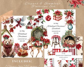 May include: A digital art set titled "Woodland Christmas" featuring illustrations of woodland animals, poinsettias, and Christmas decorations. Includes 2 clipart sets with 80 images and 10 seamless patterns. The set is 300 DPI.