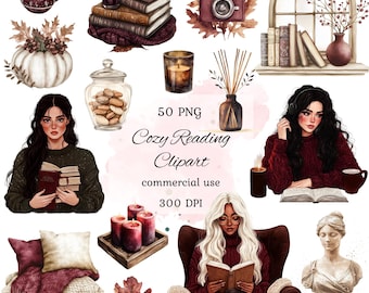 Watercolor cozy autumn reading clipart png bundle, bookworm, book lover, fall cottagecore, library, books, commercial use, autumn planner