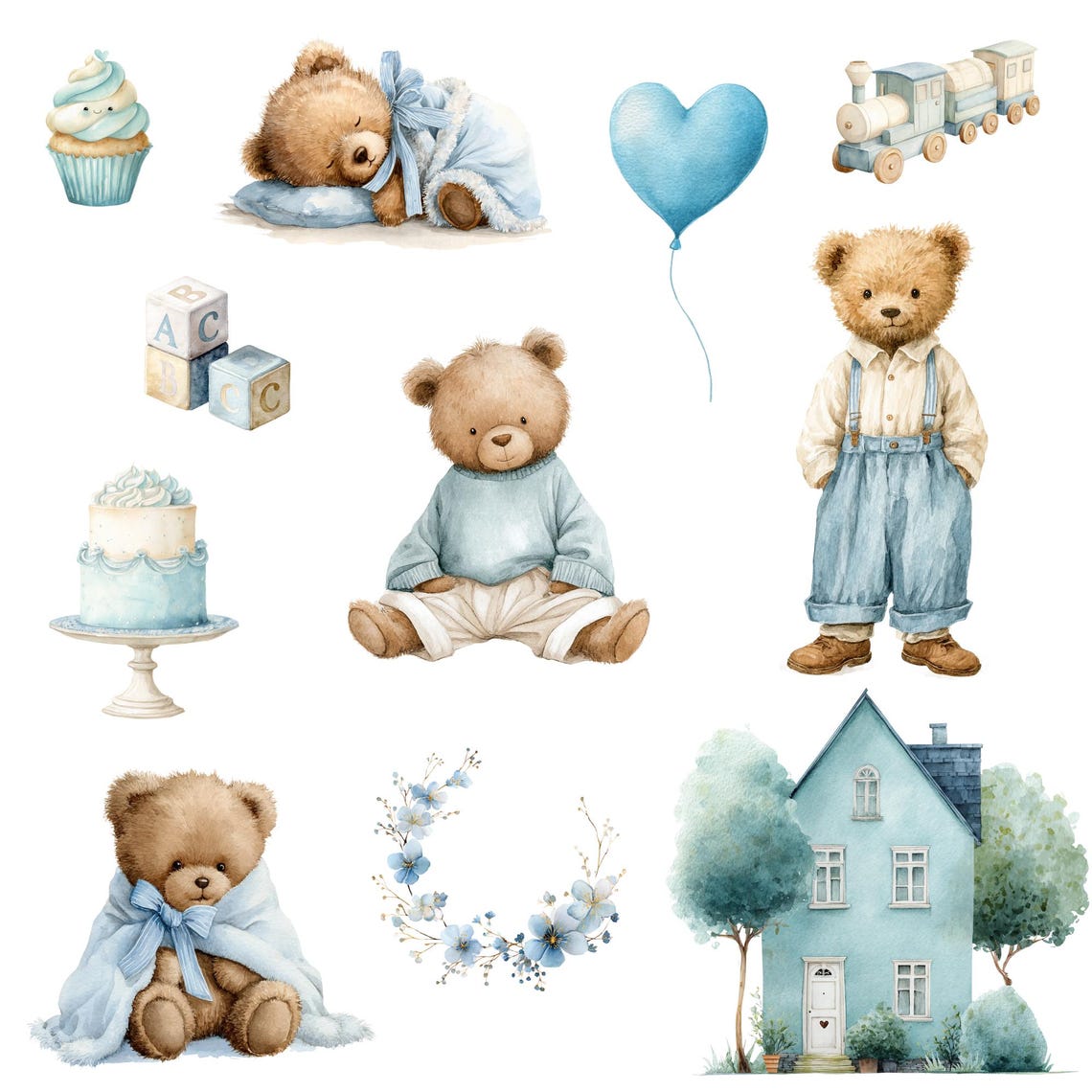 Watercolor Blue Teddy Bear Clipart Png Bundle, Baby Teddy Bear Blue ...