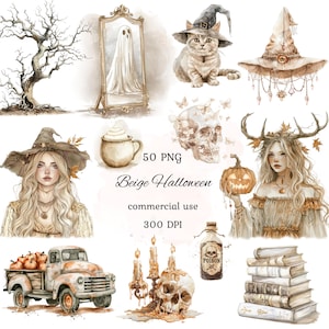 Beige halloween aquarel clipart png bundel, leuke halloween, neutrale halloween clipart, spookachtige halloween, commercieel gebruik, scrapbooking