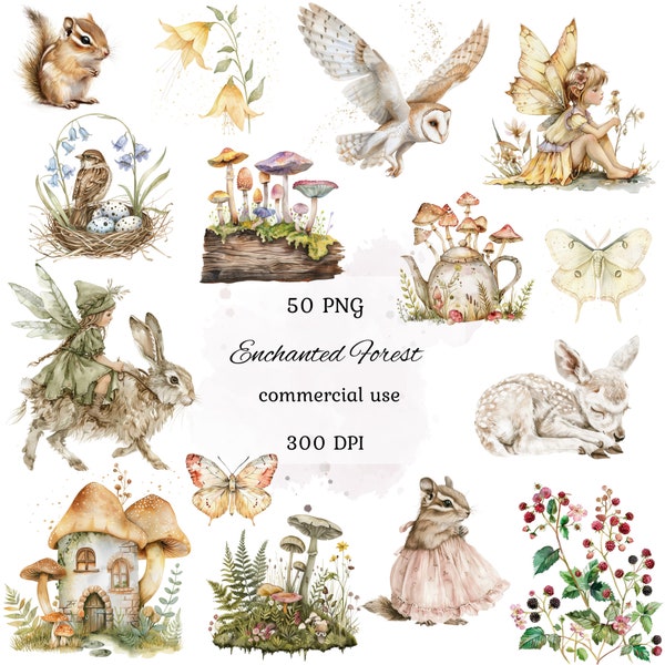 Enchanted forest watercolor clipart png bundle, mystical clipart, fairy forest, fairytale clipart, commercial use, scrapbooking
