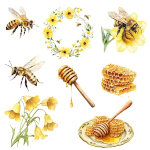 Watercolor honey bee clipart png bundle, bumble bee clipart, bee hive clipart, cute bee clipart, spring bee clipart, bee and flower clipart image 4