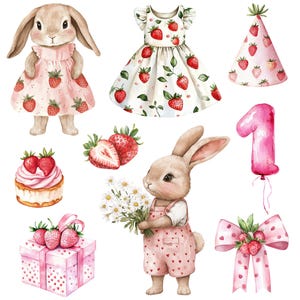 K&ouml;nnte beinhalten: Aquarellillustration eines Hasen in einem rosa Kleid mit Erdbeermuster und eines anderen Hasen in Latzhosen. Enth&auml;lt ein Kleid, eine Partyh&uuml;tchen, eine Geschenkbox, eine Schleife, einen Cupcake und einen Ballon mit der Zahl eins, alle mit Erdbeermotiven.