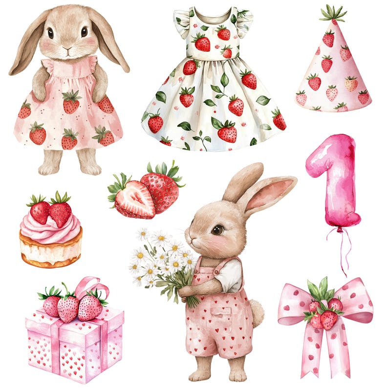 K&ouml;nnte beinhalten: Aquarellillustration eines Hasen in einem rosa Kleid mit Erdbeermuster und eines anderen Hasen in Latzhosen. Enth&auml;lt ein Kleid, eine Partyh&uuml;tchen, eine Geschenkbox, eine Schleife, einen Cupcake und einen Ballon mit der Zahl eins, alle mit Erdbeermotiven.