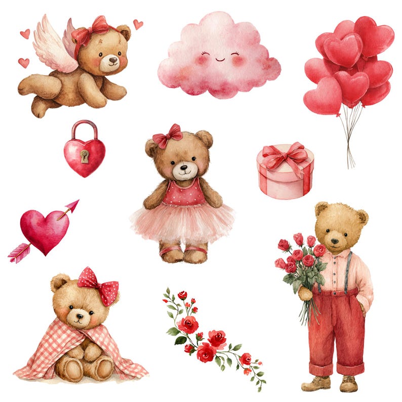 Watercolor Valentine Teddy Bear Clipart Png Bundle, Valentines Day Png ...
