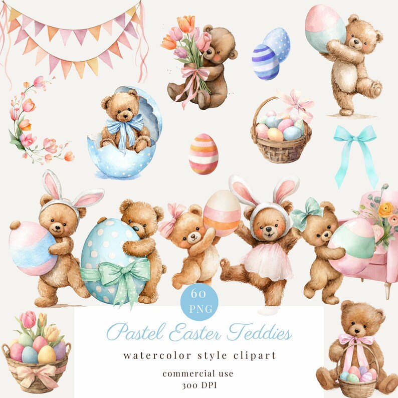 Watercolor Easter Teddy Bear Clipart Png Bundle, Easter Egg, Nursery ...