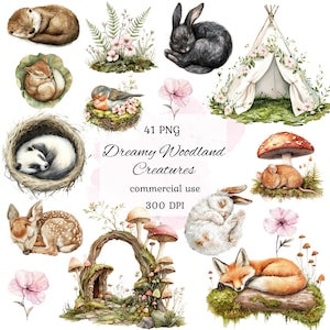 Bundle png aquarelle animaux endormis, chambre d'enfants animaux endormis, clipart lapin endormi, clipart animaux de la forêt, scrapbooking
