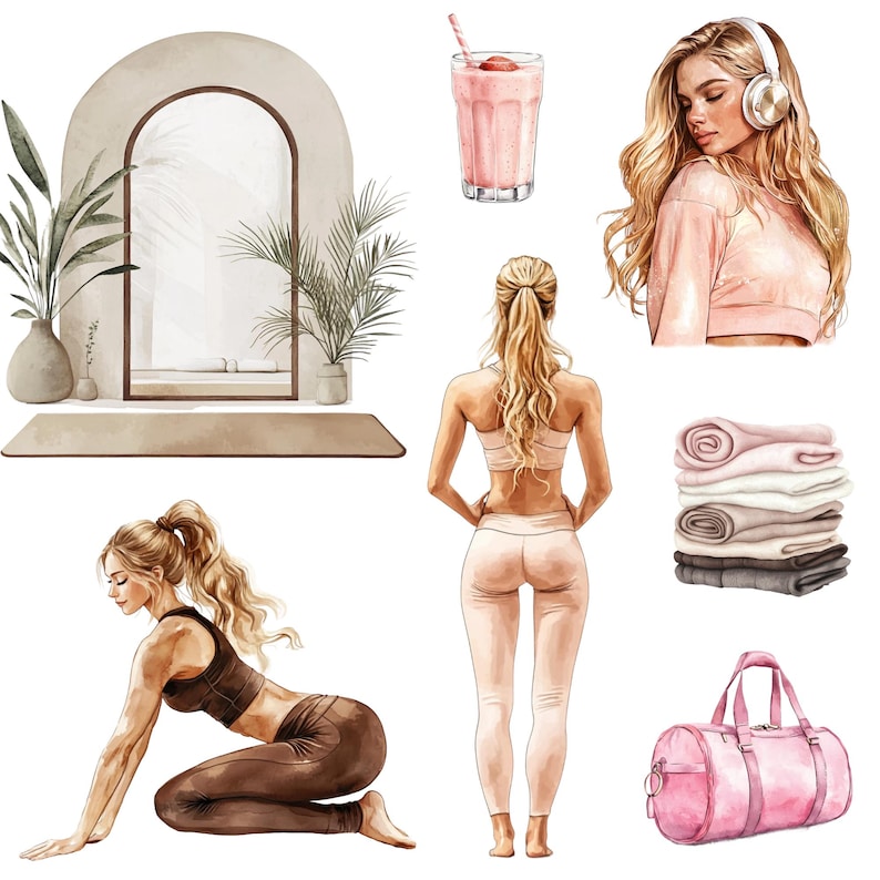 May include: A watercolor illustration of a yoga studio with a mirror, a yoga mat, a pink smoothie, a pink duffel bag, a stack of towels, and two women in yoga poses.