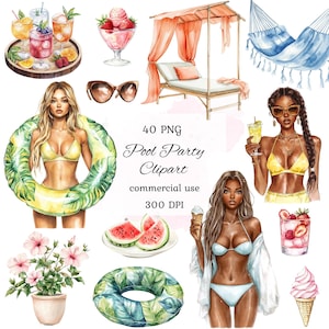 Watercolor summer pool party clipart png bundle, summer clipart, summer party, pool party girl, pool clipart, sunglasses, scrapbooking