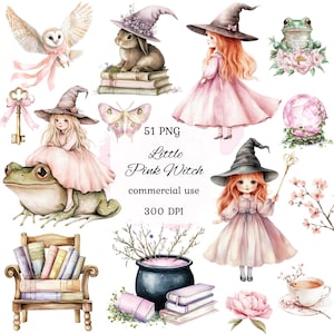 Aquarell rosa Hexe Clipart, png bündel, niedliche Hexe, wunderliche Hexe Clipart, magische Clipart, Kessel Clipart, Scrapbooking