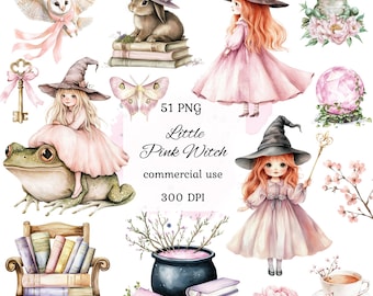Aquarel roze heks clipart png bundel, schattige heks clipart, grillige heks clipart, magische clipart, ketel clipart, scrapbooking