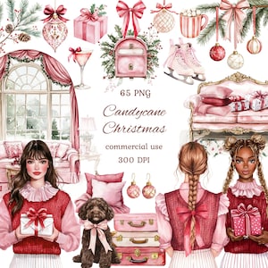 May include: A watercolor illustration featuring various Christmas-themed elements in shades of pink and red. Includes gift boxes, ornaments, ice skates, a mailbox, and women holding gifts. The text "Candy Cane Christmas" is displayed.