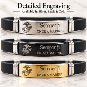 May include: Three silicone bracelets with metal plates in silver, black, and gold tones. Each plate features an engraved Eagle, Globe, and Anchor emblem, the text Semper Fi, and the phrase ONCE A MARINE... The text Detailed Engraving is visible.