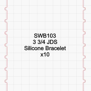 May include: A rectangular design with a grid background and a red border. The text in the center reads: SWB103, 3 3/4 JDS, Silicone Bracelet, x10.