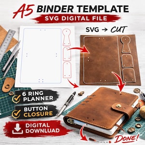 Plantilla SVG para carpeta A5, diseño de portada de agenda, organizador de 6 anillas, descarga digital