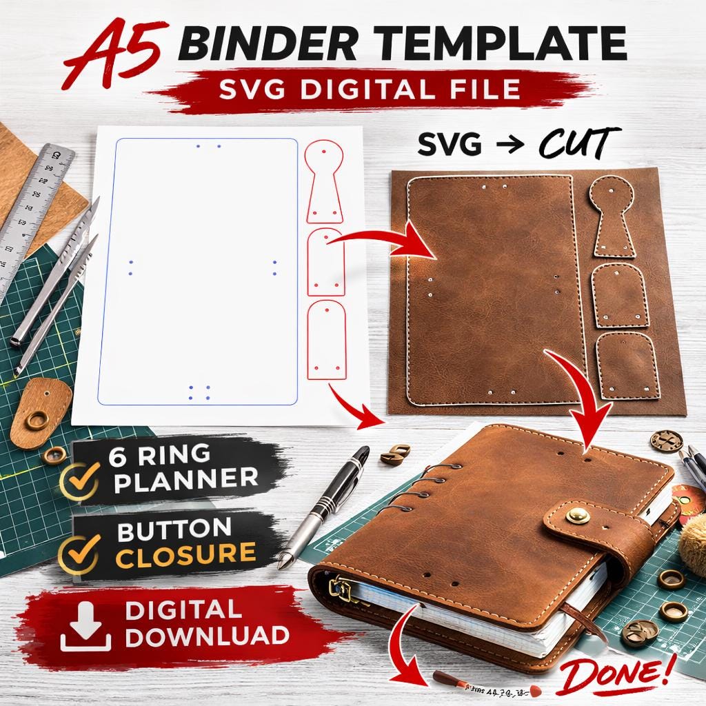 Notebook Binder Svg A5 Binder SVG Template Planner Cover Pattern 6 Ring Organizer Digital ...