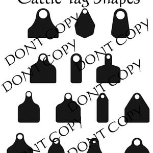 以下が含まれることがあります： 牛のタグの12種類の異なる形のコレクション。形はすべて黒で、白い背景に表示されています。