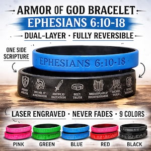 May include: A dual-layer, fully reversible bracelet with the text "Armor of God Bracelet Ephesians 6:10-18." One side features scripture, the other side has engraved symbols. Available in 9 colors, including pink, green, blue, red, and black.