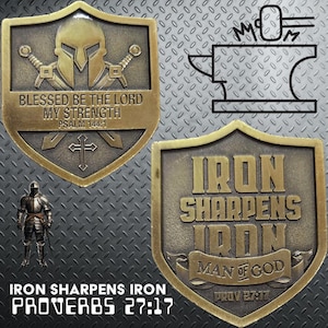 Christian Challenge Coin - Iron Sharpens Iron, Psalm 144:1 & Proverbs 27 17, Inspirational Gift for Men, Faith Token Collectible