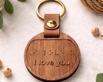 Round Braille Keychain Personalized Tactile Walnut Gift Blind Accessibility