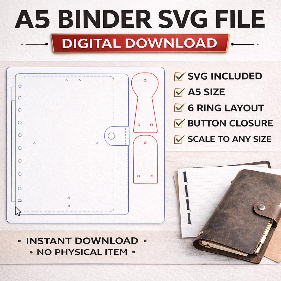 Notebook Binder Svg A5 Binder SVG Template Planner Cover Pattern 6 Ring Organizer Digital ...
