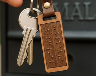 Braille Keychain Custom Raised Tactile Message Wood Leather Gift Blind Visually Impaired Accessibility Personalized