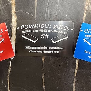 Par de carteles de reglas de Cornhole, etiqueta de reglas de lanzamiento de puf, aluminio anodizado