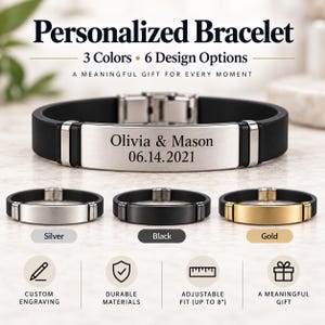 Puede incluir: Una pulsera de silicona negra con una placa metálica central grabada con el texto Olivia & Mason 06.14.2021. La imagen muestra tres variantes de color: plata, negro y oro. El texto incluye Personalized Bracelet, 3 Colors, 6 Design Options y Adjustable Fit (hasta 20 cm).