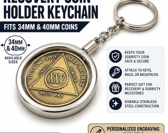 Recovery Coin Holder Keychain, 34mm & 40mm Sobriety Token Display, Christian Freedom Gift