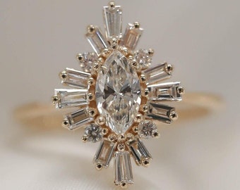 1,5 CT Marquise Lab Grown Diamant-Verlobungsring, Baguette mit rundem Starburst-Halo-Ring, 14-Karat-Goldring, Geschenk für Sie.