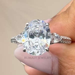 1.5 CT Oval Lab Grown Diamond Engagement Ring , Three Stone With Pave Wedding Ring , IGI Certified Diamond Ring , Gift For Her .
