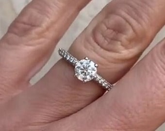1 Ct Round Brilliant Centre Stone in 3 Row Pave Diamond Setting Band, Round Lab Grown Diamond Solitaire Engagement Ring, Gift for her.