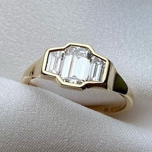 1.6 CT Emerald Cut Lab Grown Diamond ring/ Emerald Cut and Trapezoid Lab Grown Diamond Engagement Ring/ Three stone Diamond Engagement image 1