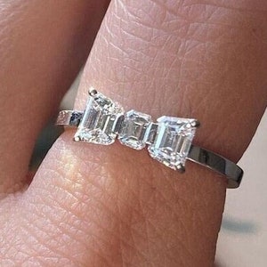 Emerald Cut Lab Grown Diamond Bow Tie Ring: 14k Gold Three Stone Engagement