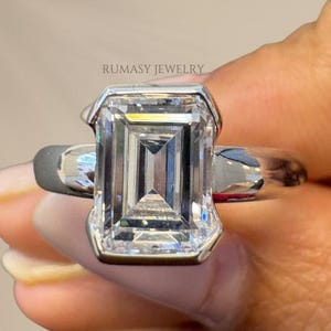 Emerald Cut Lab Grown Diamond Engagement Ring: 14K Gold Half Bezel Solitaire