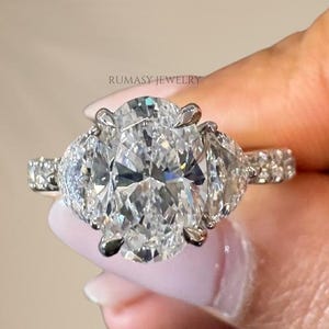 2.00 CT Oval Cut Lab Grown Diamond Engagement Ring, Three Stone Engagement Ring, Side Half Moon Lab Diamonds, IGI Certified, Ring for Women.