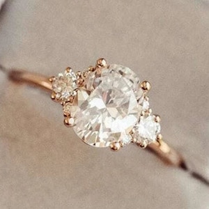 Oval Lab Diamond Engagement Ring: 14K Gold Three Stone Bridal Ring