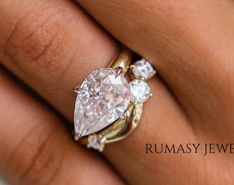 2.5 CT Pear Lab Created Diamond Hidden Halo Engagement Ring ,14k Yellow Gold Engagement Wedding ring set, Lab grown diamond Pear Ring set