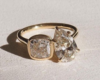 Pear And Square Cushion Diamond Engagement Ring , Lab Grown Diamond Anniversary Ring , Wedding Ring , Gold Ring , Stunning Toi et Moi Ring .