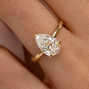 Pear Cut Lab Grown Diamond Solitaire Hidden Halo Ring,10K Yellow Gold Three  Claw Prong Wedding Ring,CVD Diamond Ring, Gift For Women Ring .