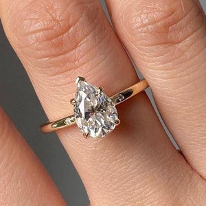 1.50 CT Pear Cut Lab Grown Diamond Hidden Halo Engagement Ring, 10K Solid Yellow Gold Four-Claw Prong Wedding Ring,CVD Diamond Ring .