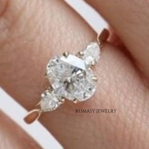 1.40 Ct Oval Shape Three diamond Engagement Ring/ Oval Lab grown diamond with two Pear Diamond Engagement Ring/ 14k Gold Engagement Gift