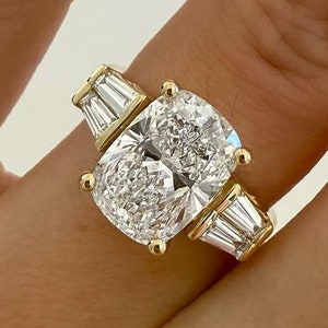 Three Stone Lab Grown Diamond Engagement Ring: Elongated Cushion Cut, Baguette Accents, IGI Certified