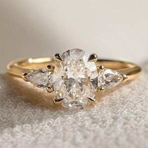 Oval Lab Diamond Engagement Ring: 14K Solid Gold Three Stone Bridal Ring